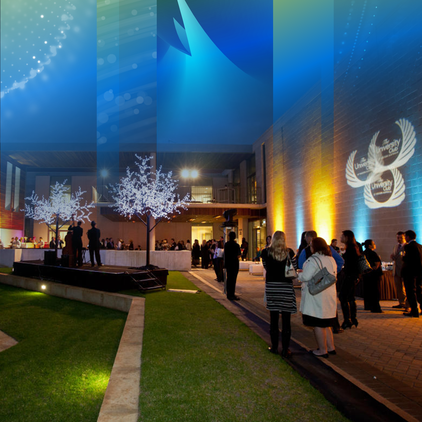 Guests at an evening event on the lawn of The University Club