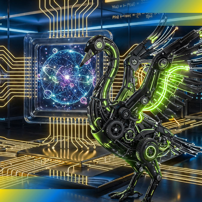 A mechanical black swan beside a glowing quantum chip