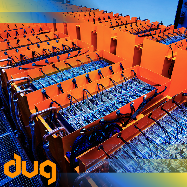 DUG's orange high-performance computing racks, with the DUG logo