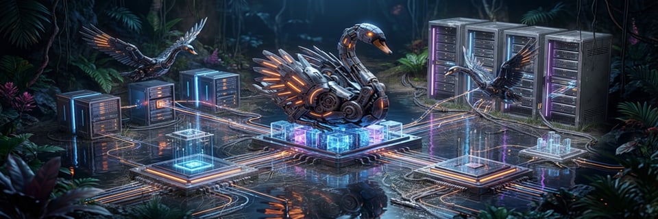 A mechanical swan on a circuit board beside server racks