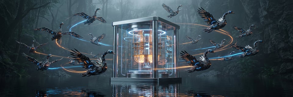 Mechanical birds circling a glass cube