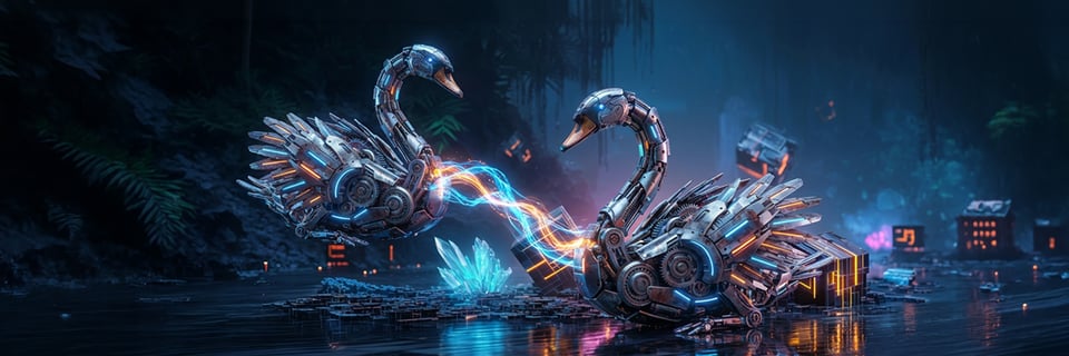 Two mechanical swans joined by a beam of light