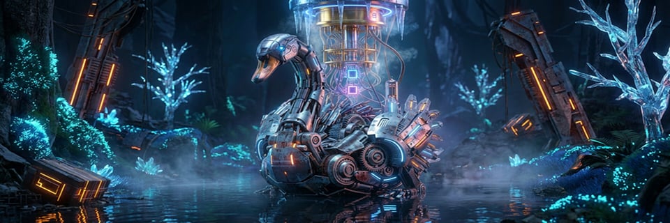 A mechanical swan in a glowing forest