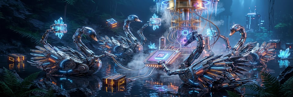 Mechanical swans around a glowing chip