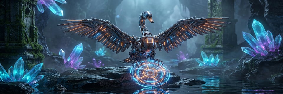 A mechanical swan with spread wings over a glowing ring