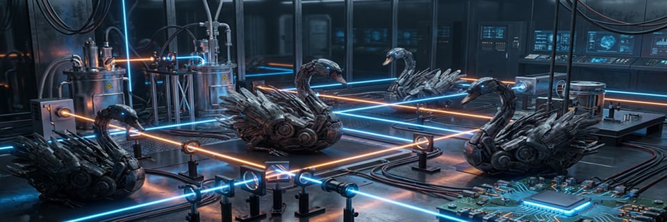 Mechanical swans on a circuit board crossed by beams of light