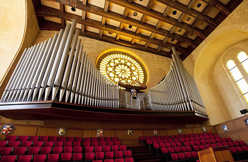 Winthrop Hall's organ, rose window and red seats